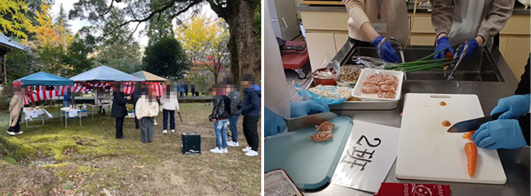 「このまちでTOMONI 新宮熊野神社で結ぶ恋」のイベントのようす（左）、郷土料理「芋炊き」を調理する参加者（右）