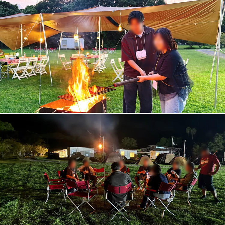 参加者の男女がカツオの藁焼きをしているようす（上）、参加者が焚火を囲いながら談笑しているようす（下）