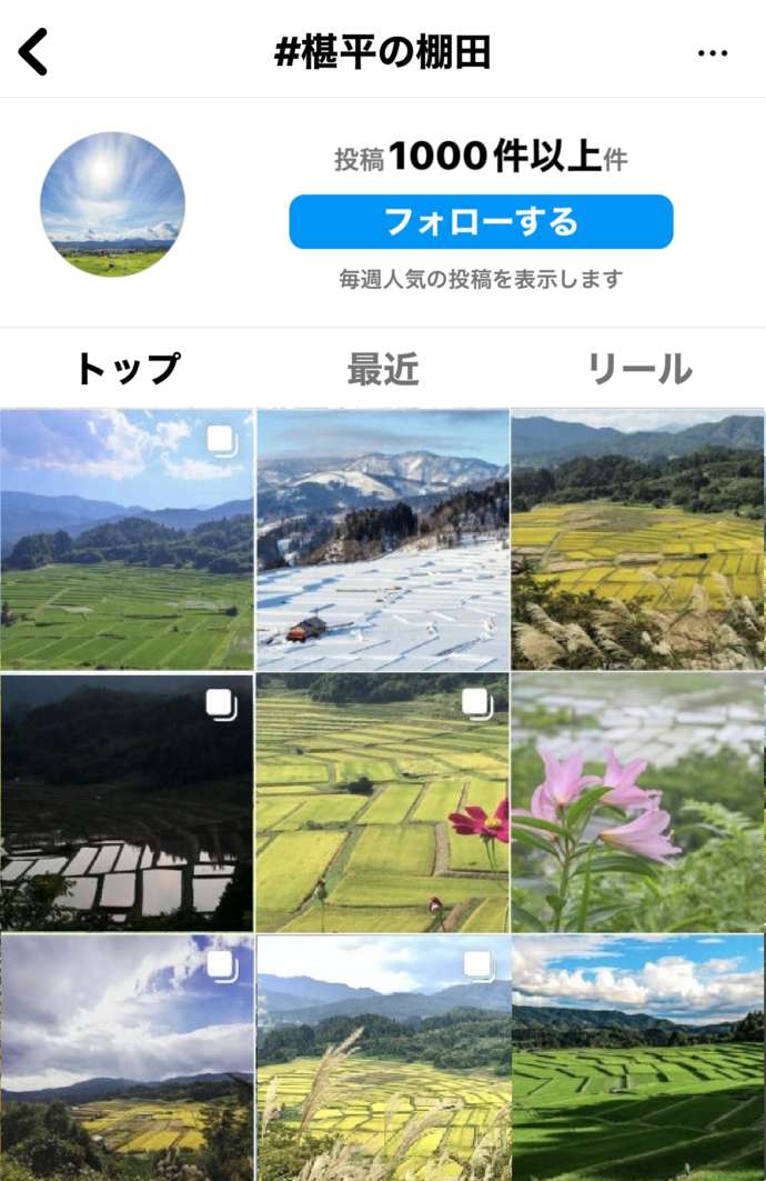 インスタグラムに投稿された「椹平の棚田」の画像