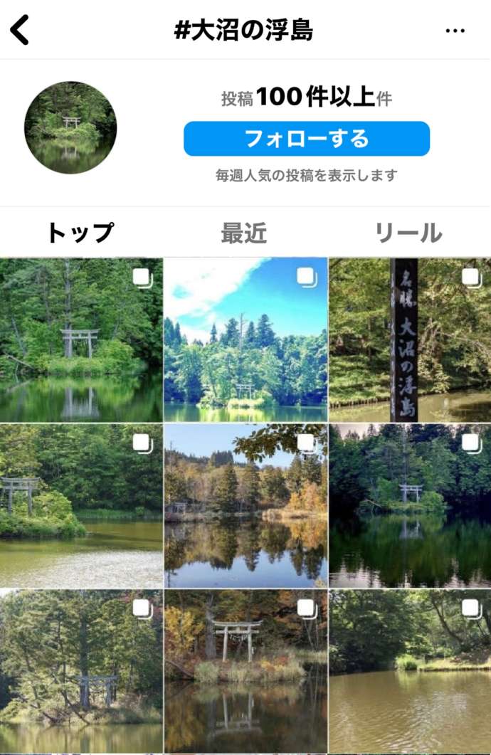 インスタグラムに投稿された「大沼の浮島」の画像