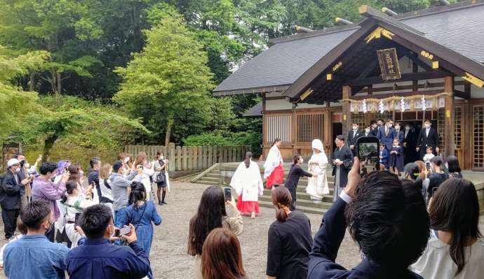 足羽神社の境内で写真撮影をする新郎新婦の様子