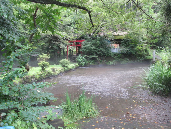 えびの市にある「出水観音」のお堂の前にある池