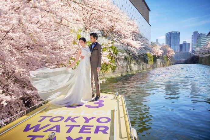 タイムカラーズと東京ウォータータクシーのコラボプランで目黒川の桜をバックに撮影した写真