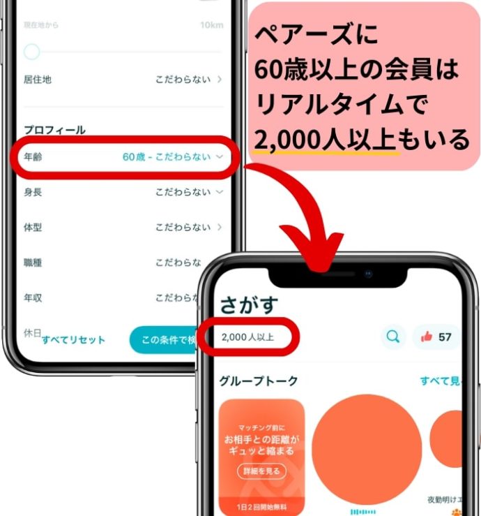 ペアーズの60代のユーザー数を実際に検索したところ2000名以上がヒットした
