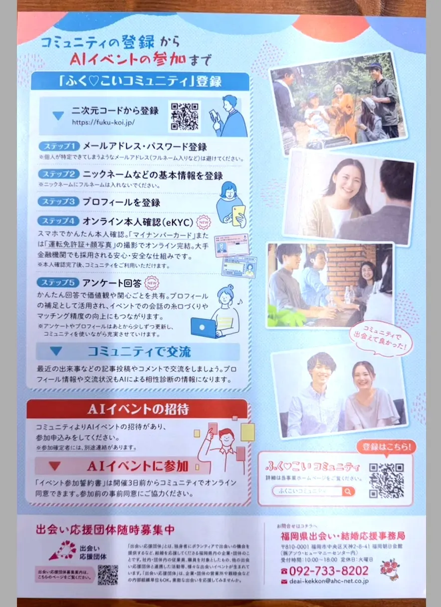 「ふく♡こいコミュニティ」への登録からAIイベント参加までの流れを説明するチラシ。登録、本人確認、アンケート回答、コミュニティ交流、AIイベント招待の手順が掲載されている。